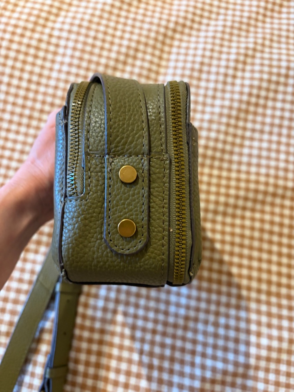 American Leather Co Nashville Leather Double Zip Crossbody Camera Bag Sage Green - Picture 9 of 11